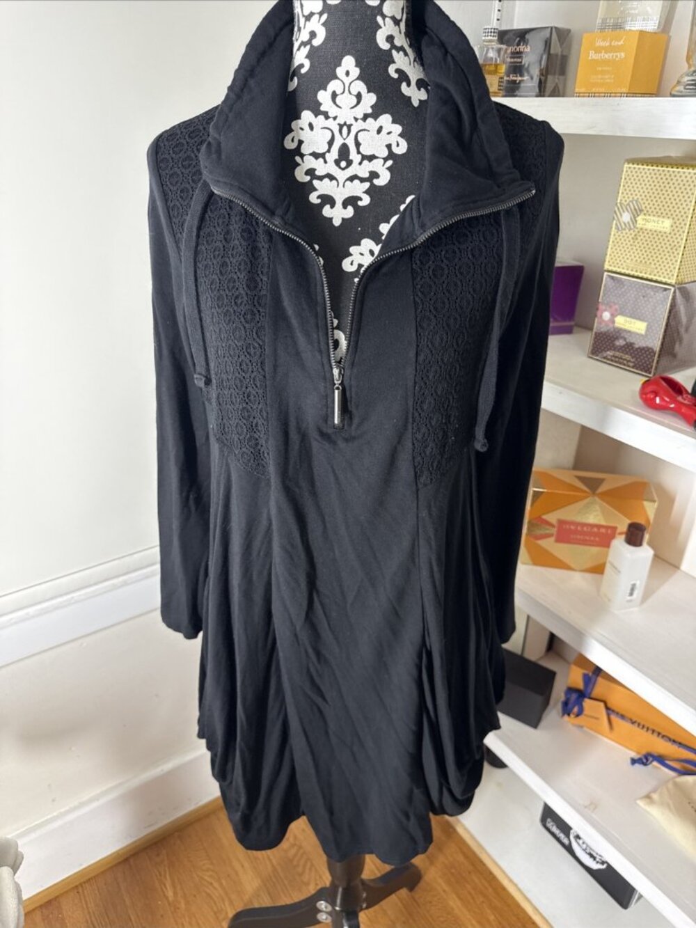 Kensie Dress Large Black Slouch Pockets Zip V Neck Flowy Knit Viscose Stretch